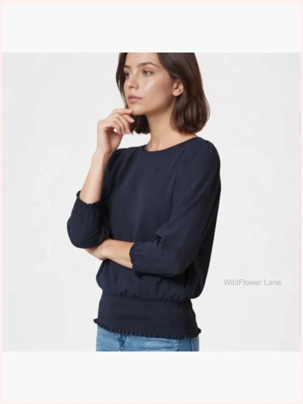 Smocked Elastic Cinched Waist Blouse 3/4 Sleeve Top - Picture 3 of 7